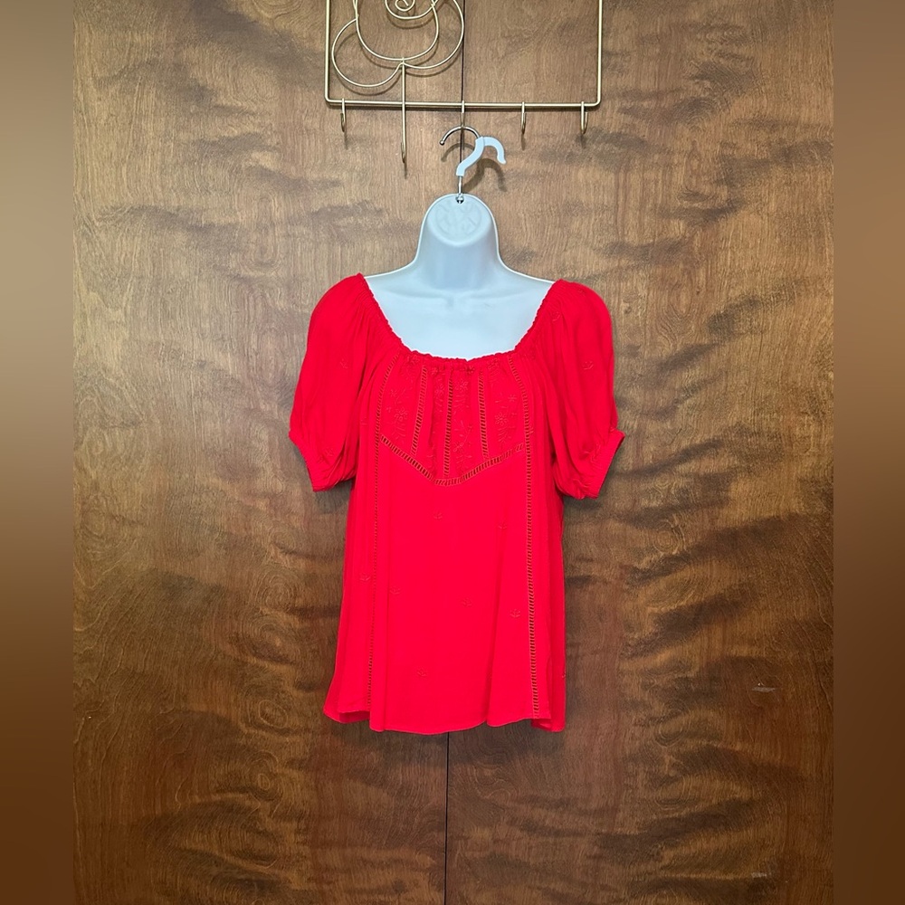 In Loom Embroidered Short Puff Sleeve Peasant Top Womens S Red Rayon Lined